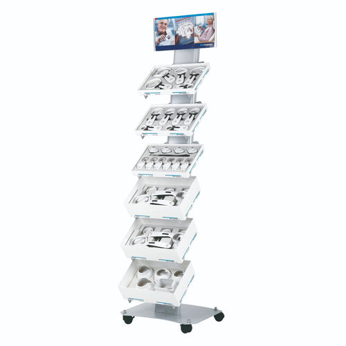 slimline product display stand shown with 6 trays